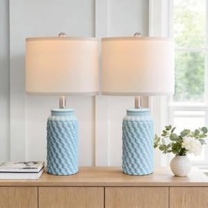 20.5" Light Blue Modern Ceramic Bedside Lamp Set of 2 for Bedroom Decor Farmhouse Table Lamp for Living Room Office Dorm