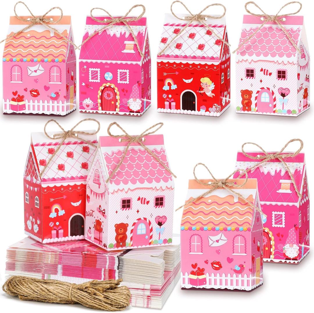 Zhanmai 48 Pcs Valentine's Day Treat Boxes Candy Mini Red Pink Heart House Favor Box Valentine's Day Party Paperboard Gift Boxes for Holiday Party Treat Cookie Goodie Snack Gift Packaging
