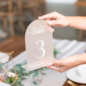 Frosted Arch Acrylic Table Numbers for Wedding Reception - 5" x 7" White Font Centerpiece Set with Holder Stands & Head Table Sign - Anniversary, Event, Party, Wedding Set 1-10