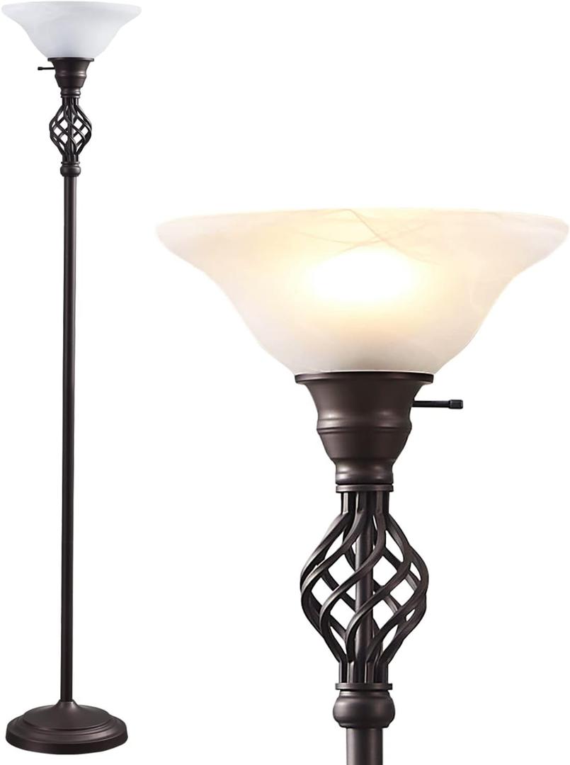 Torchiere Floor Lamp for Living Room, LED Standing Reading Light for Bedroom with Glass Shade for Living Room Corner Bedroom Home Office, Bulbs Included (Red Brown, Glass 1 Head)