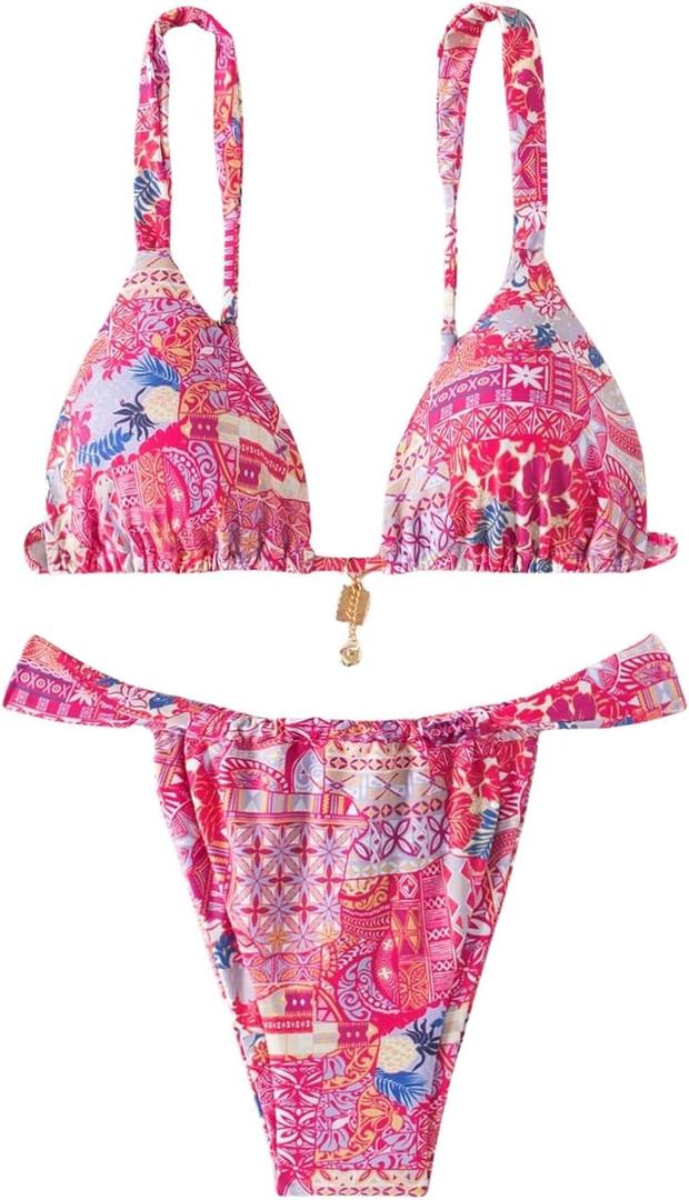 RoseSeek Women's 2 Piece Floral Tropical Print Bikini Set Boho Triangle Bathing Suit Tie Backless Swimsuit Sets, Medium
