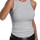GEMBERA Womens Sleeveless Racerback High Neck Casual Basic Cotton Ribbed Fitted Tank Top Grey, Small
