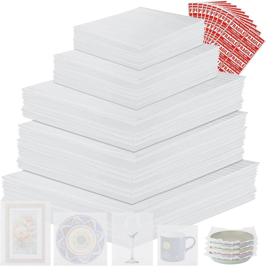 400PCS Moving Packaging Supplies,300 Cushioning Foam Pouches and Sheets,4 Sizes(16"x12",12"x12",12"x7.8",7.8"x7.8") with 100 Fragile Stickers,Packaging Foam Pouches for Protect Dishes Glasses Storage
