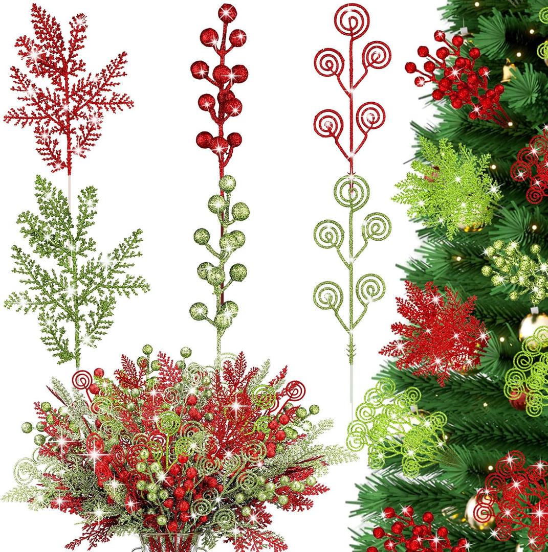 48 Pcs 12 Inch Christmas Tree Picks Christmas Red Green Artificial Curly Berry Stems Ornaments Glitter Artificial Berry Stems Branches Decorative Sticks for Xmas Tree Topper Wreath Craft Vase Filler
