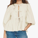Women Cute Puff Sleeve Bow Tie Front Peplum Tops Ruffle Vacation Babydoll Blouse Shirts Summer Going Out Outfits XS