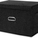 Large Linen Fabric Foldable Storage Bins with Removable Lid and Handles, Washable Storage Box Organizer Containers Baskets Cube with Cover for Bedroom,Office(Black, XXL)
