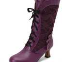 Women Victorian Boots Chunky Heels Lace up Cute Bow Knot Cosplay Costumes Witch Medieval Renaissance Mid-Calf Goth Boots Vintage Gothic Character Dance Kawaii Lolita Shoes (7.5/38, Purple)