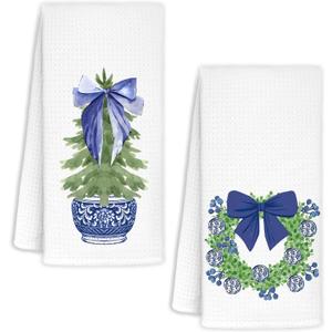 Christmas Chinoiserie Kitchen Towels Decor,Blue Bow Coquette Christmas Tree Towels Gifts,Blue Christmas Hand Towels for Bathroom Kitchen,Grandmillennial Decor, 16x24 Inches Set of 2