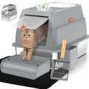 Vivifying Stainless Steel Litter Box with Lid, XL Front Entry Enclosed Extra Large Litter Box for Big Cats & Kitty, Top Exit Metal Cat Pan with Scoop, Mat, Trapping Step, Charcoal Filter (Gray)