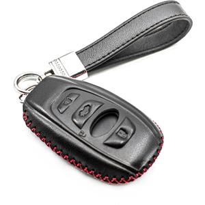 INFIPAR Fit for Subaru WRX BRZ Ascent Forester Crosstrek Legacy Outback Impreza XV WRX STI XV Crosstrek Genuine Leather Smart Key Fob Case Cover Keyless Entry Protector (5-Button, Black/Red)