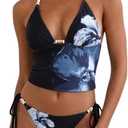 ZAFUL Womens Tankini Swimsuits Halter V Neck Tummy Control Swimwear High Cut Tie Side Bathing Suit 2026, Blue-flower, Large