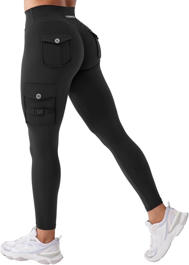 YEOREO CoreFlex Workout Cargo Leggings with Pockets for Women Hidden Scrunch Butt Lifting Leggings Gym Yoga Pants (XX-Large, Black)