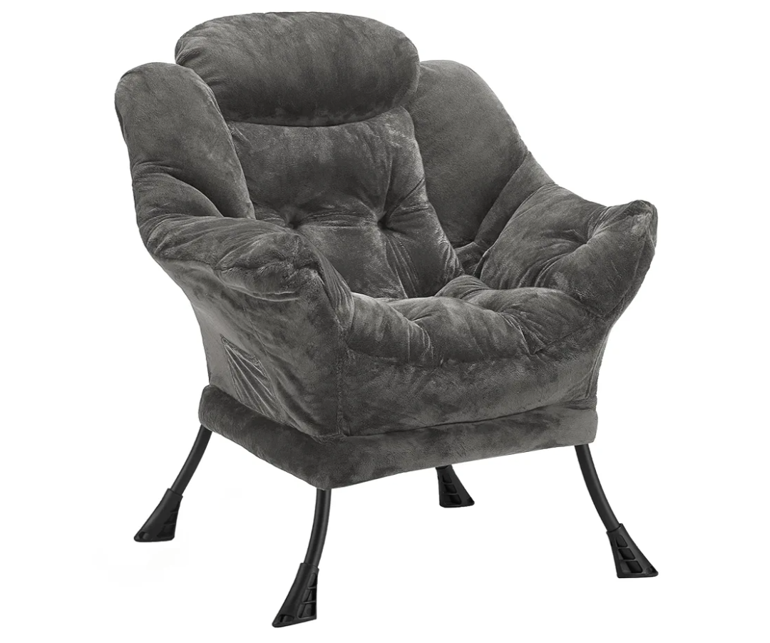 Fabric Lazy Chair for Adults, Oversized Upholstered Sofa Chair, Plush Comfy Lounge Chair with Large Side Storage Pocket, Thick Padded Reading Chair for Living Room, Bedroom, Office, Dark Gray