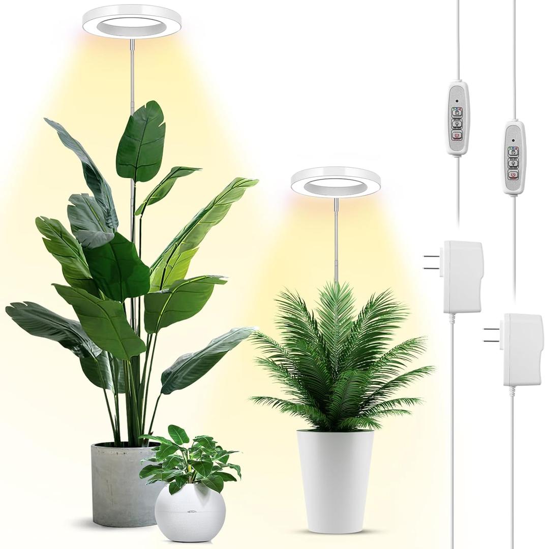 LBW Grow Lights for Indoor Plants, 144 LEDs Full Spectrum Plant Light, Large Plant Lamp with 4 Dimmable Levels, 4/8/12H Auto Timer, Height Adjustable, Halo Growing Lamp for Tall Plants, 2 Pack (White)