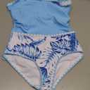 Girls Swimsuit Solid Color 2 Piece Girls Tankini Swimsuit Contrast Trim Teen Bathing Suit Padded Modest Swimwear 9-16y (11-12 Years, Palm Tree-blue)