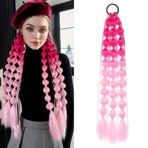 Colored Hair Extensions 24 Inch Lightweight Bubble Ponytail Extensions with Hair Tie 1pcs Colorful Hair Extensions for Women Crazy Hair Day Accessories Festival Party Rave (Red to Pink)
