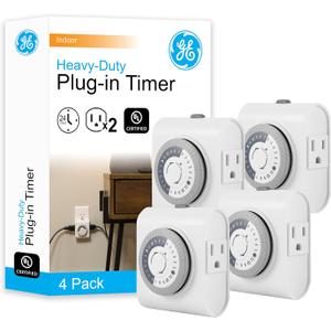 GE Mechanical Grounded Outlet Timer, Dual Plugs with 3 Prongs, 24 Hour Cycle, Indoor Use for Lights, Lamps, Fans, Appliances, Christmas, Tree, 4 Pack, 66405