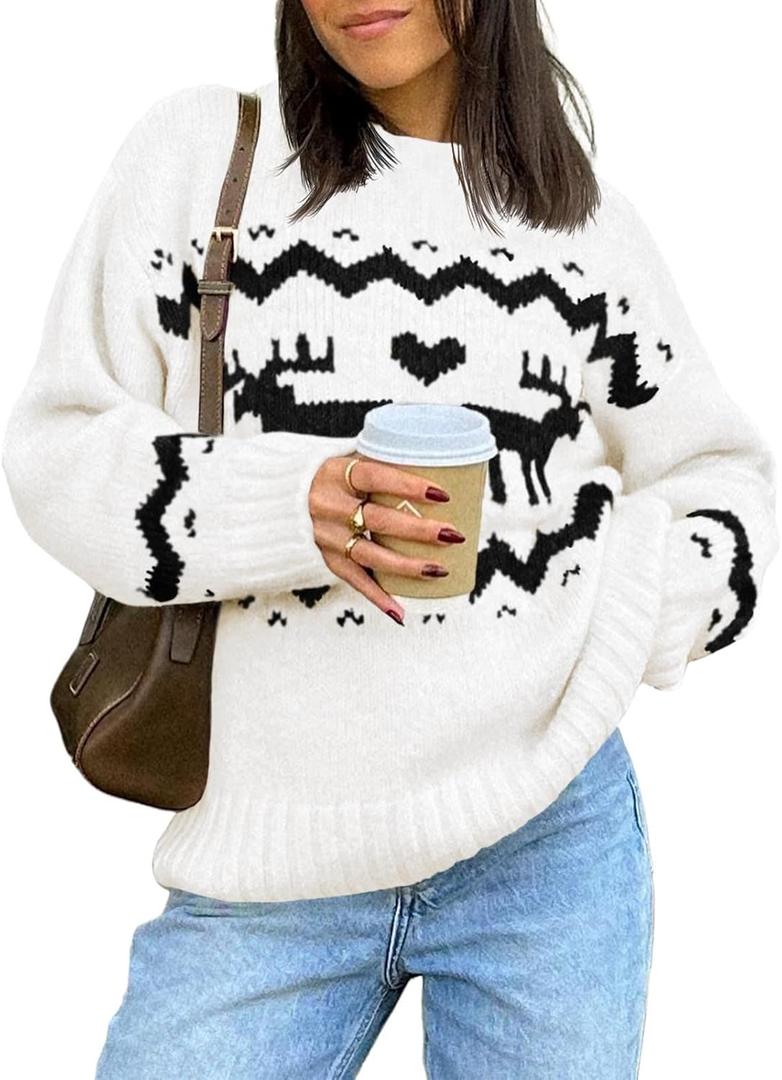 Saodimallsu Womens Oversized Christmas Sweaters Crewneck Chunky Reindeer Knit Long Sleeve Santa Xmas Pullover Sweater (Medium, White)