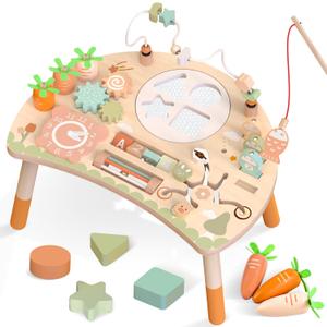 Wooden Activity Table for Toddlers 1-3, 9 in 1 Montessori Sensory Table with Bead Maze Shape Sorter Fishing Game, Baby Activity Center Learning Toys for 1 2 3 Year Old Boys Girls, Small