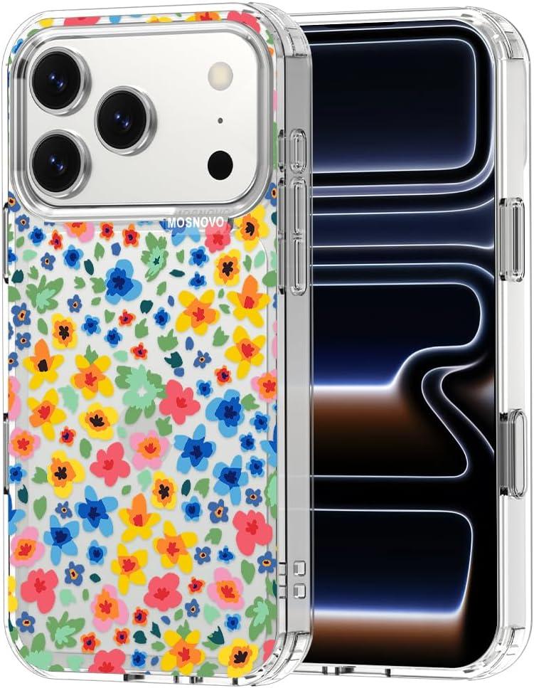 MOSNOVO for iPhone 17 Pro Case | Military Grade 6.6ft Drop Tested | Camera Control | Clear with Little Flowers Design