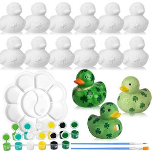 Simgoing 17 Pcs Irish Ceramics to Paint Ready to Paint Your Own Ceramic Shamrock Duck Statues Unpainted Ceramics Paintable Figurines Kit Crafts with Brush Palette for St. Patrick's Day