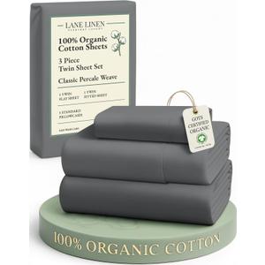 LANE LINEN 100% Organic Cotton 3Pc Bed Sheets Twin Size, Classic Percale Weave, Soft & Comfy Fully Elasticized Naturally Cooling Cotton Sheets, Low Pill Machine wash Twin Sheet Set- Charcoal