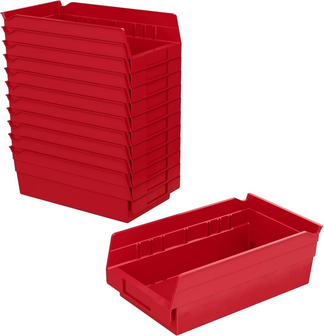 Akro-Mils 30130 Plastic Shelf Bins, Heavy Duty Storage Bins for Garage, Closet, and Drawer Organization, 12" x 6-1/2" x 4", Red, 12-Pack