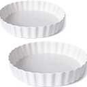 DELLING Set of 2 Ceramic Tart Pans, 9.5 inch Quiche Pan, Fluted Edge Quiche Baking Dish/Pie Pan, Perfect for Baking Tart Pies and Chicken Pot Pie, Cheesecake, Creme Brulee, Round, White