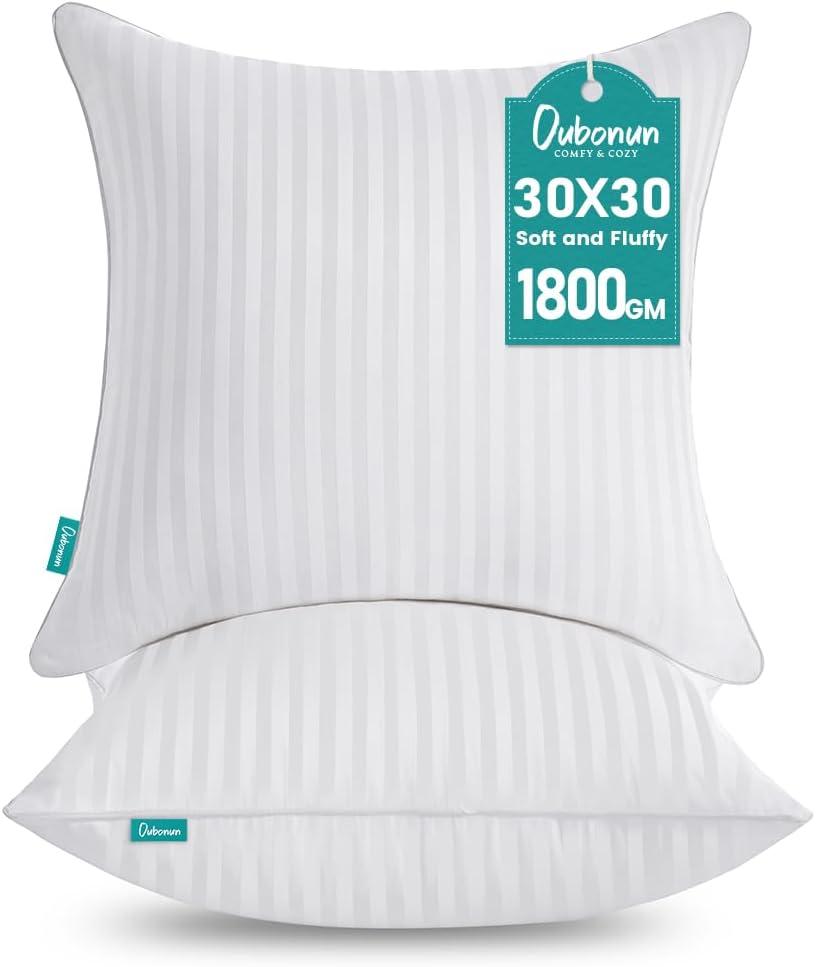 Oubonun 30 x 30 Throw Pillow Inserts, Firm and Fluffy Decorative Square Pillows for Couch Bed Sofa with Soft Cotton Cover White Cushion with Down Alternative Pack of 2