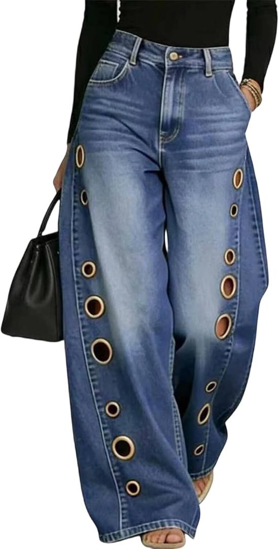 Kwunbwa Women's Metal Circle Cut Out Jeans Baggy Wide Leg Denim Pants (Blue, S)