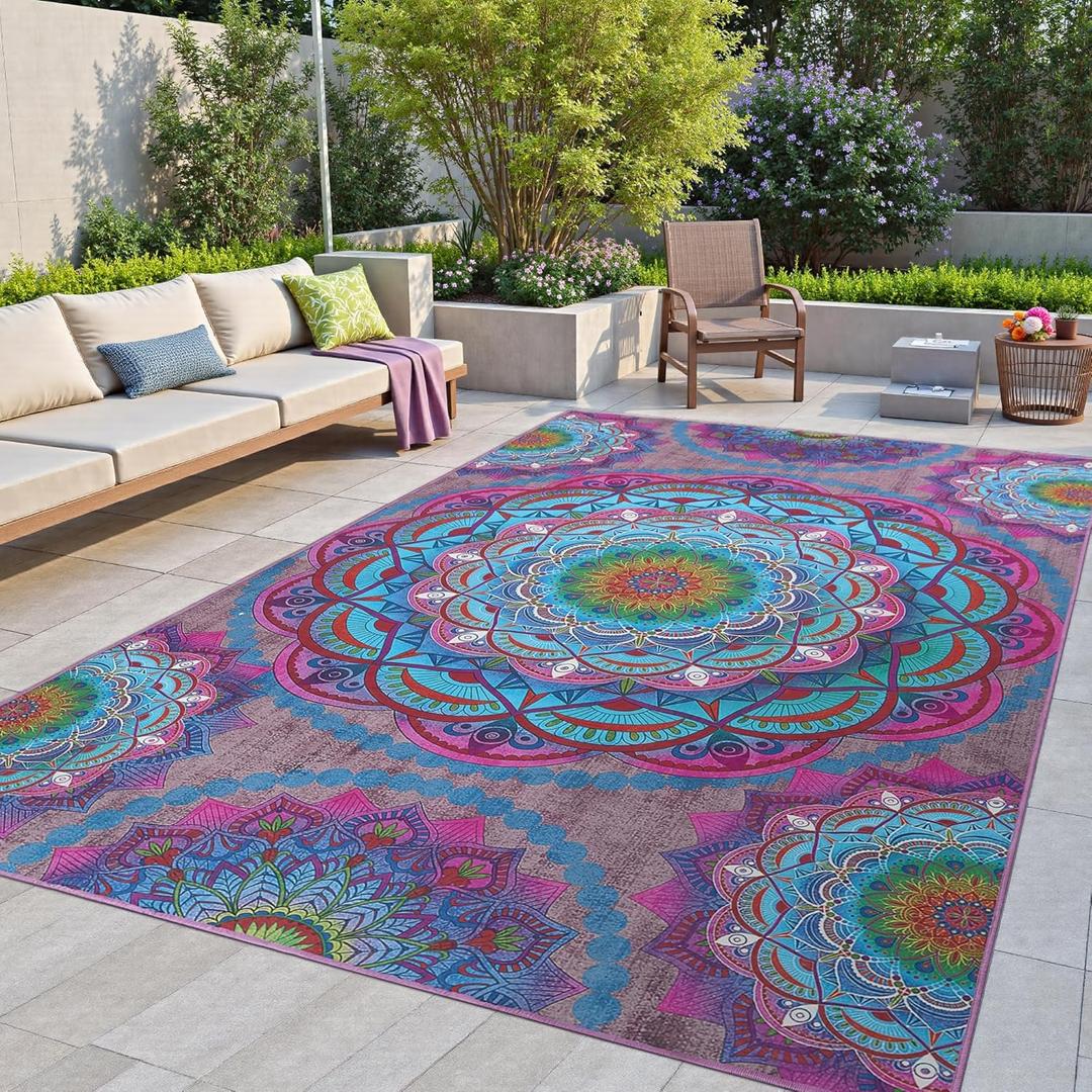 Arenarug Meditation Indoor Outdoor Rug 8x10 ft Mandala Pattern Rug Boho Style,Yoga Meditation Mat Picnic Rug for Patio Living Room Porch Garden Deck Backyard Easy to Clean Non Shedding Non-Slip