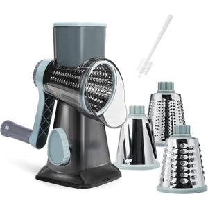 Cheese Grater Hand Crank, Manual Cheese Shredder with 3 Interchangeable Blades, Rotary Cheese Grater with Strong Suction Base, Easy to Use and Clean, GreyBlue