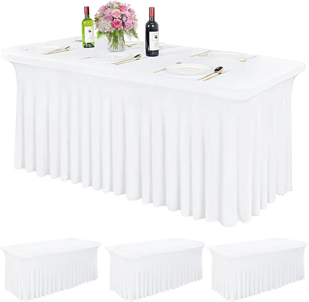 Table Skirt for 6ft Tables Spandex White Table Cover with Skirt 3 Packs Stretchy Tablecloth Wrinkle-Resistant Ruffles Elastic Table Covers for Wedding, Banquet, Birthday Parties
