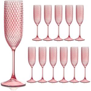 Plastic Champagne Flutes Champagne Glasses Unbreakable Wedding Toasting Glasses Reusable Diamond Wine Glasses Crystal Clear Party Wine Cups Vintage Drinking Glasses 5.5 OZ for Wedding (12, Pink)