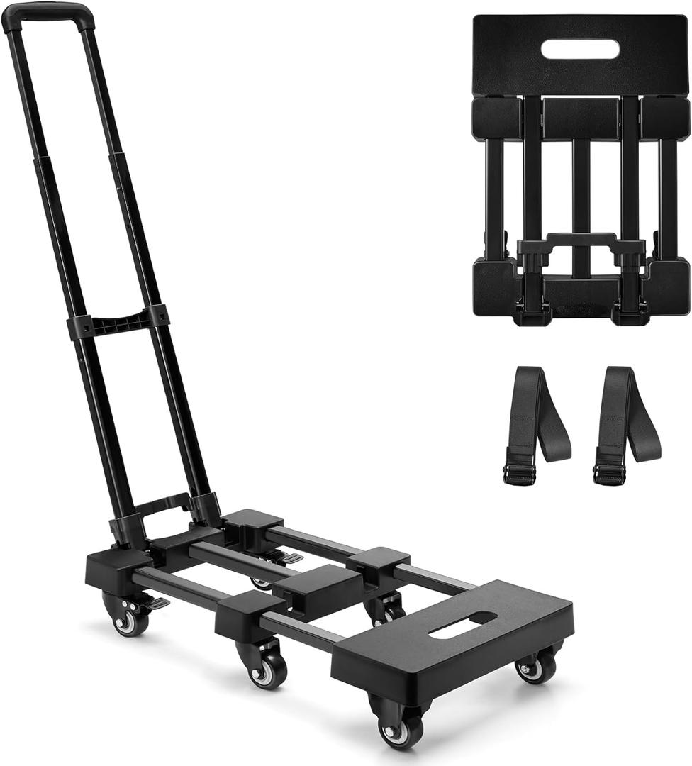 KEDSUM 600 LBS Folding Hand Truck with 6 Wheels(2 with Brake), Hand Truck Foldable with 2 Lashing Straps, Thickened Upgraded Steel Trolley Cart for Easy Moving, No-Assembly
