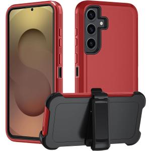 Miimall for Samsung Galaxy S25 Case with Clip, with 360 Rotating Kickstand, Anti-Drop, Heavy Duty Shockproof and Dual Layer Military Grade Protective for Samsung S25 Pouch, Red-Black