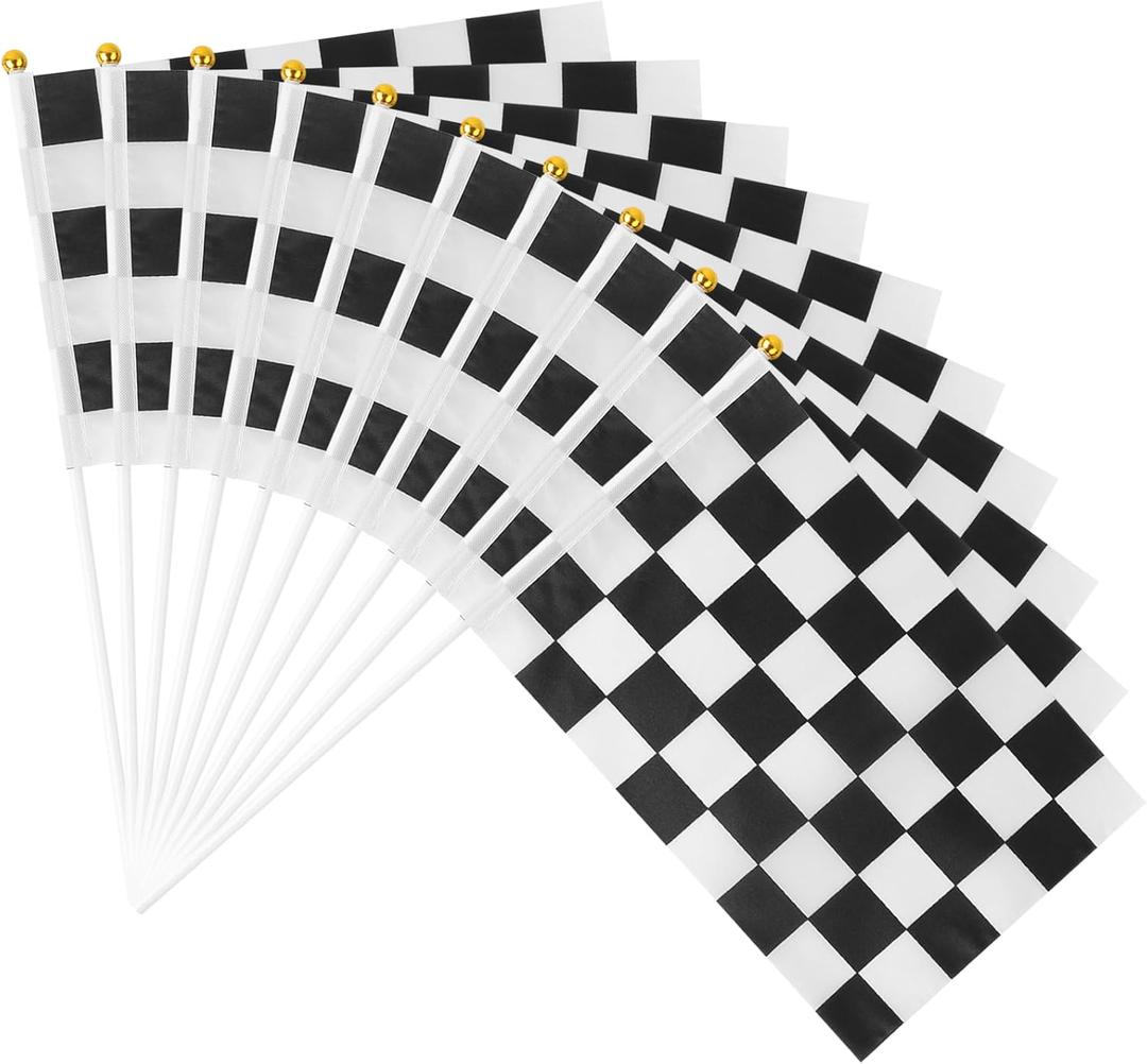 MIDELONG Checkered Black and White Racing Stick Flag Small Mini Hand Held Race Car Flags for Room Race Car Birthday Party Decorations, Pack of 10