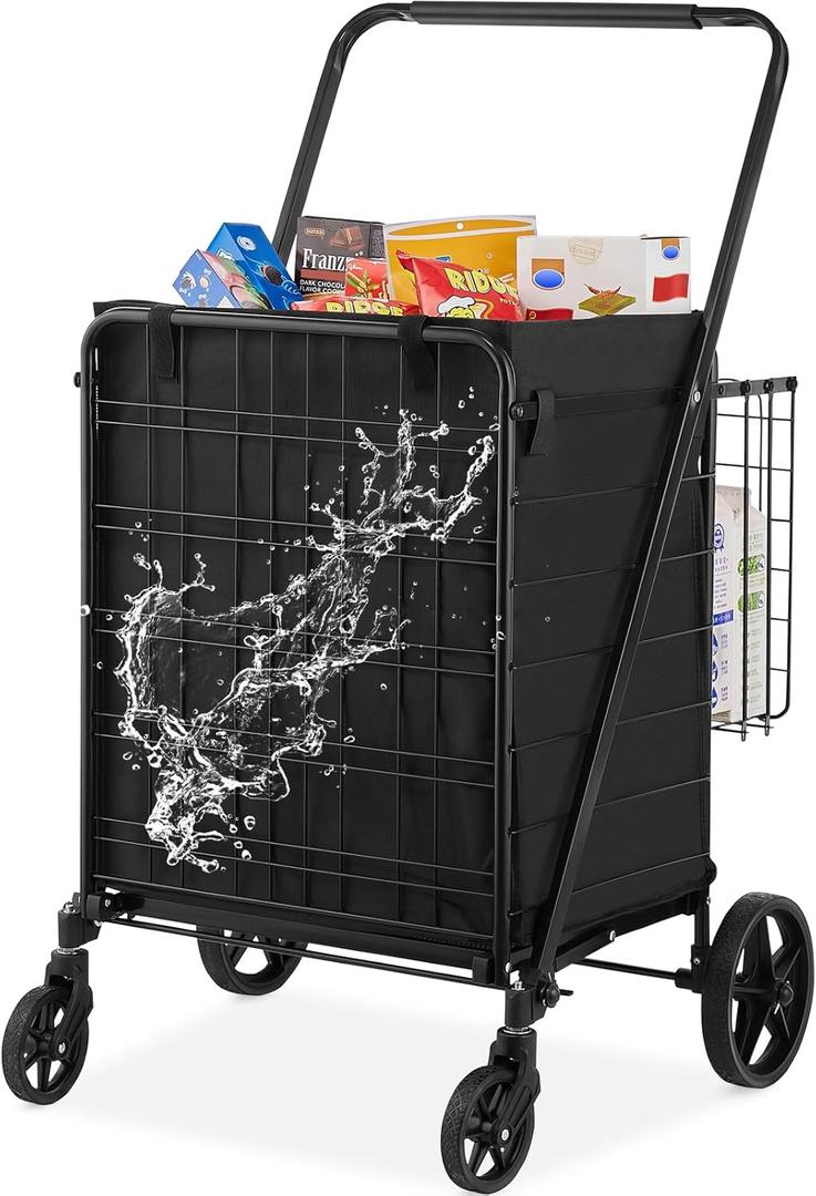 VEVOR Folding Shopping Cart with Removable Waterproof Liner, 330LBS Large Capacity Jumbo Grocery Cart with Dual Basket, 360 Swivel Wheels, Dense Metal Mesh Base, Heavy Duty Utility Cart for Shopping