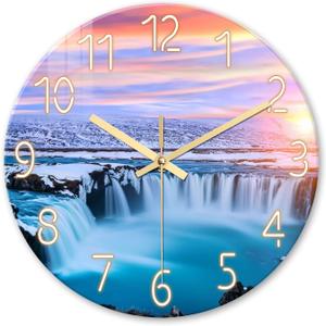XNM Modern Blue Beach Wall Clocks Battery Operated 12 Inch Round Decorative Wall Clock for Living Room Quiet Waterfall Wall Clock