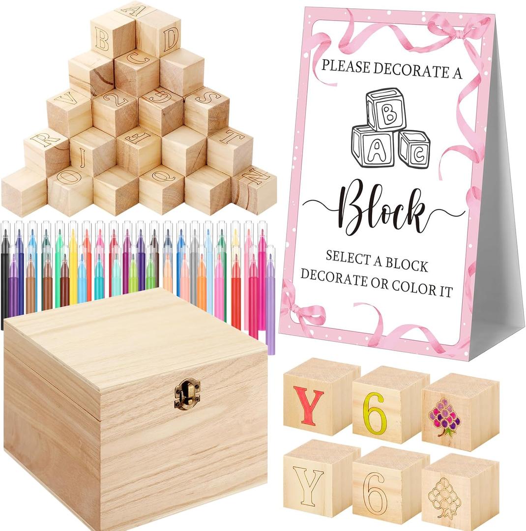 Marsui 136 Pcs Baby Shower Blocks to Decorate Game Kit Includes 98 Wooden Blocks, 36 Markers, 1 Game Sign, 1 Storage Box for Baby Shower Gender Reveal Activity Party Decorations(Pink Bow)