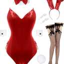 Drofe Bunny Costume Women Bunny Girl Senpai Cosplay Anime Role Costume Bodysuit Set (Red)