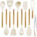Silicone 10 Pcs Kitchen Cooking Utensils Set, Recycled Materials Certification, BPA Free Spatula Set with Heat Resistant Wood Handles for Nonstick Cookware, Cream White