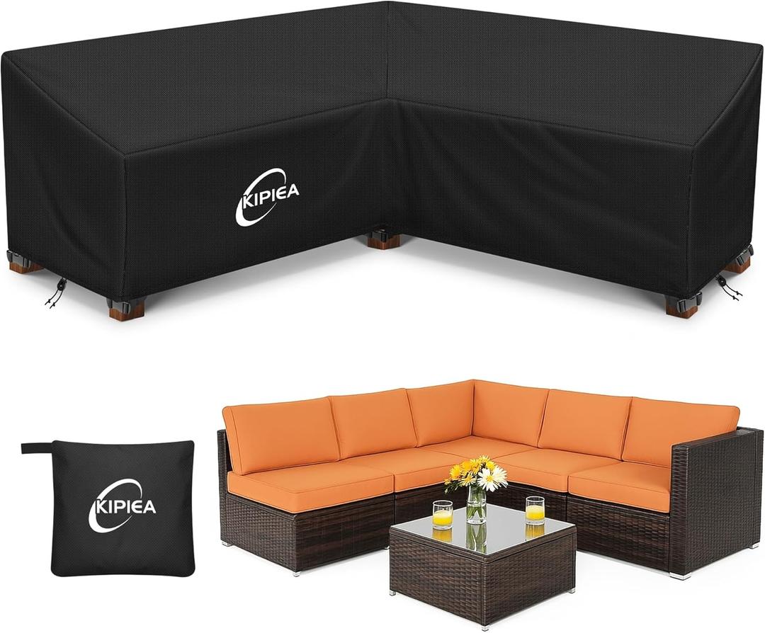 Kipiea Patio V-Shaped Sectional Sofa Cover, 420D Heavy-Duty Oxford Fabric Outdoor Sectional Cover with 6 Windproof Buckles, Anti UV and No Tears, No Fading (89" x 89"L x 33.5"D x 31"H)Black