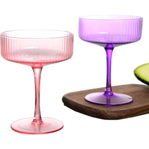 2 Pcs Ribbed Coupe Glasses, 10 oz Vintage Cocktail Coupe Glasses Set, Classic Cocktail Galssware, Bar Drinking Glasses Set Pefect , Wine, Champagne & Gift (PINK&PURPLE)