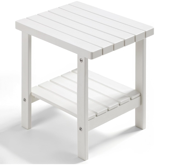 Outdoor Side Table, 2-Tier Storage Patio Side Table, HDPE Adirondack Side Table, Weather Resistant Square Small Outdoor Table for Patio, Backyard, Pool & Garden, White