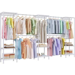 Higeego H11 Heavy Duty Garment Rack, Clothing Rack for Hanging Clothes, Extra Large Closet, Freestanding Wardrobe Closet Organizer and Storage with Hanger Rods, Extendable from 7.8 to 10.8 ft, White