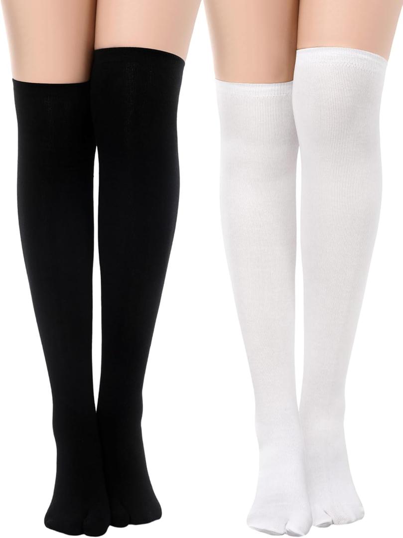 Bencailor 2 Pairs Flip Flop Socks for Women Split Toe Tabi Japanese Casual Sandal Long Socks for Men Women (Black and White)