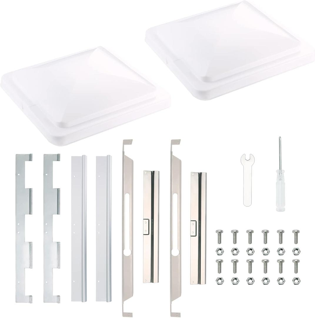 Expert RV Vent Lid Replacements (2-Pack) - Universal Fit for Trailers, Campers & Motorhomes, White Covers with Durable Metal Hinges, Compatible with Jensen, Ventline & Elixir Vents, 14" x 14"