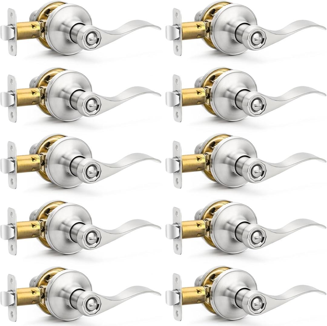 10 Pack Brushed Nickel Door Handles Privacy Door Levers, Heavy Duty Bed and Bath Door Locks Interior Door Knobs, Reversible Keyless Wave Lever Door Handles (Satin Nickel Finish)