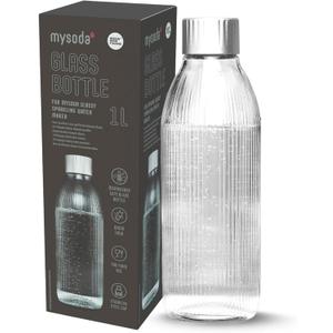 Glass Carbonating Bottle 1L Silver - Compatible Only With MySoda Glassy Sparkling Water Maker - Quick-Lock Reusable Bottle - Lid and Base Made of Aluminium - BPA Free